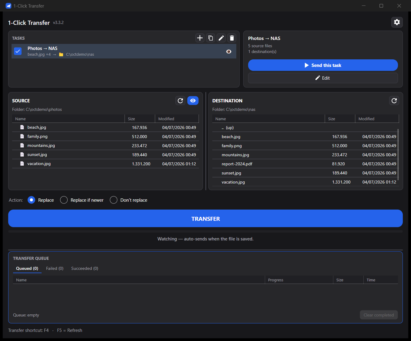 Main window with Watch enabled — 'Watching — auto-sends when the file is saved.'