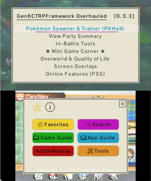 The plugin menu over Pokémon Alpha Sapphire — feature list on top, buttons below