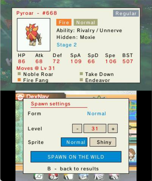 A Pokémon's sheet with stats and spawn settings