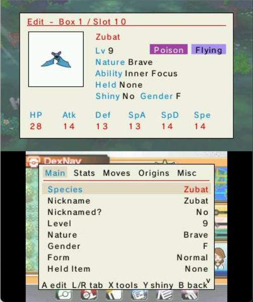 The tabbed editor — Main, Stats, Moves, Origins, Misc