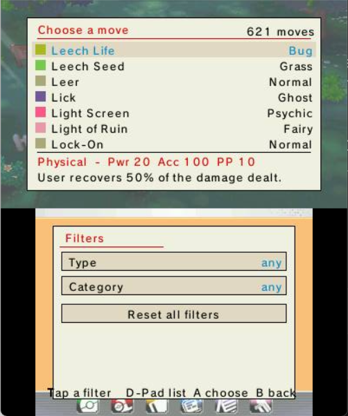 Choosing a move from a searchable, type-filtered list