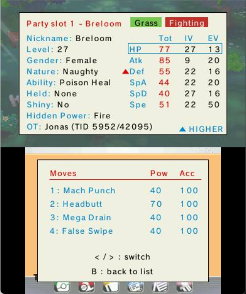 A party member card with stats, nature, ability and moves
