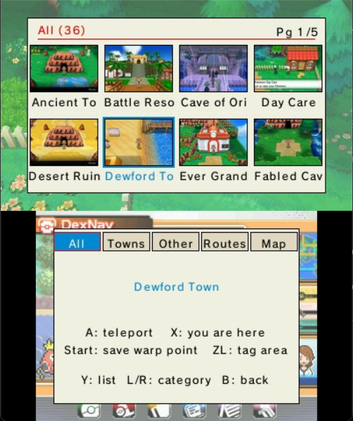 Teleportation — the location grid with tabs and the button legend below