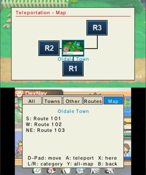 The Map tab — Oldale Town centred, its connecting routes shown as tiles