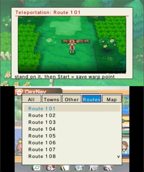 The Routes tab — Route 101 with its picture, ready to save a warp point