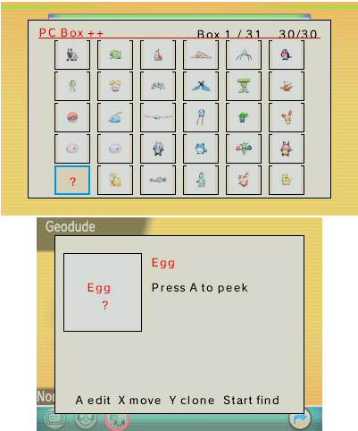 Egg Peek — a masked egg shown as ? in PC Box ++ with a peek prompt