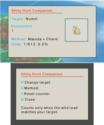 Shiny Hunt Companion — target species, encounter count, method and cumulative odds