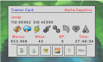 Trainer Card — OT, TID/SID, money, time played, party sprites and the real gym badges