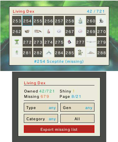 Living Dex Dashboard — owned, shiny and missing species grid with Type/Gen/Category filters
