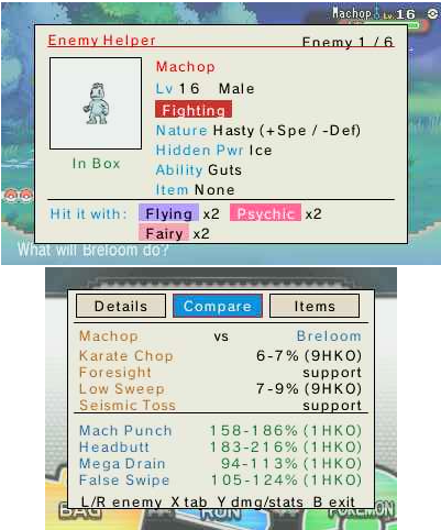 Damage Calc — estimated damage range and hits-to-KO for both sides' moves, color-matched by owner