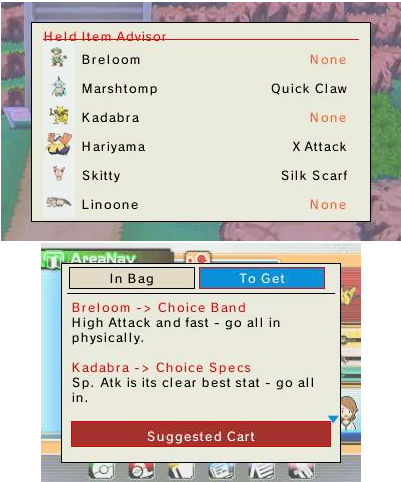 Held Item Advisor — held-item suggestions split between In Bag and To Get