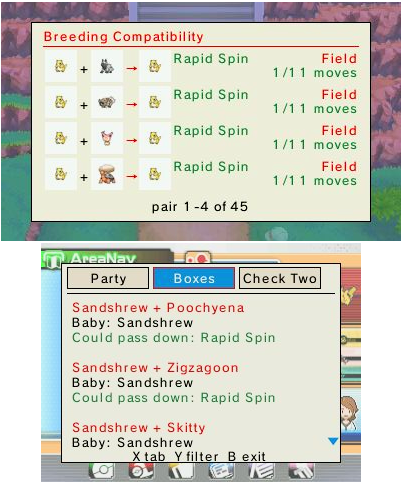 Breeding Compatibility — Boxes tab, compatible pairs sorted by inheritable egg moves