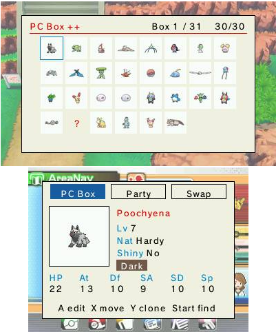 PC Box ++ visual grid with the selected Pokémon's card