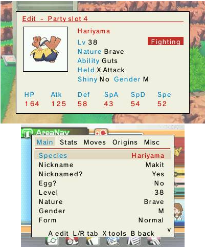 PC Box ++ — the full tabbed editor open on a party Pokemon, editable in-game