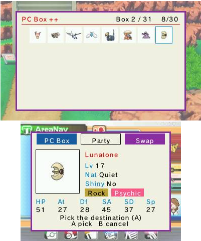 PC Box ++ — Swap mode, trading a Pokemon between Box and Party, purple frame