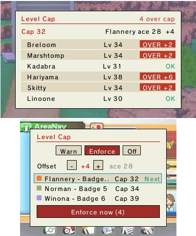 Level Cap — party vs. the next gym's ace level, and the Warn/Enforce manager