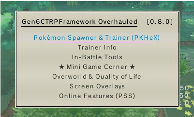 The plugin menu over Pokémon Alpha Sapphire — feature list on top, buttons below