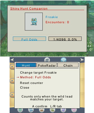 Shiny Hunt Companion — the Hunt tab with encounter count, phase and odds