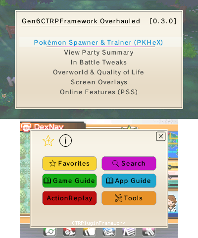 Gen6CTRPluginFramework v0.3.0 main menu on Pokémon Alpha Sapphire
