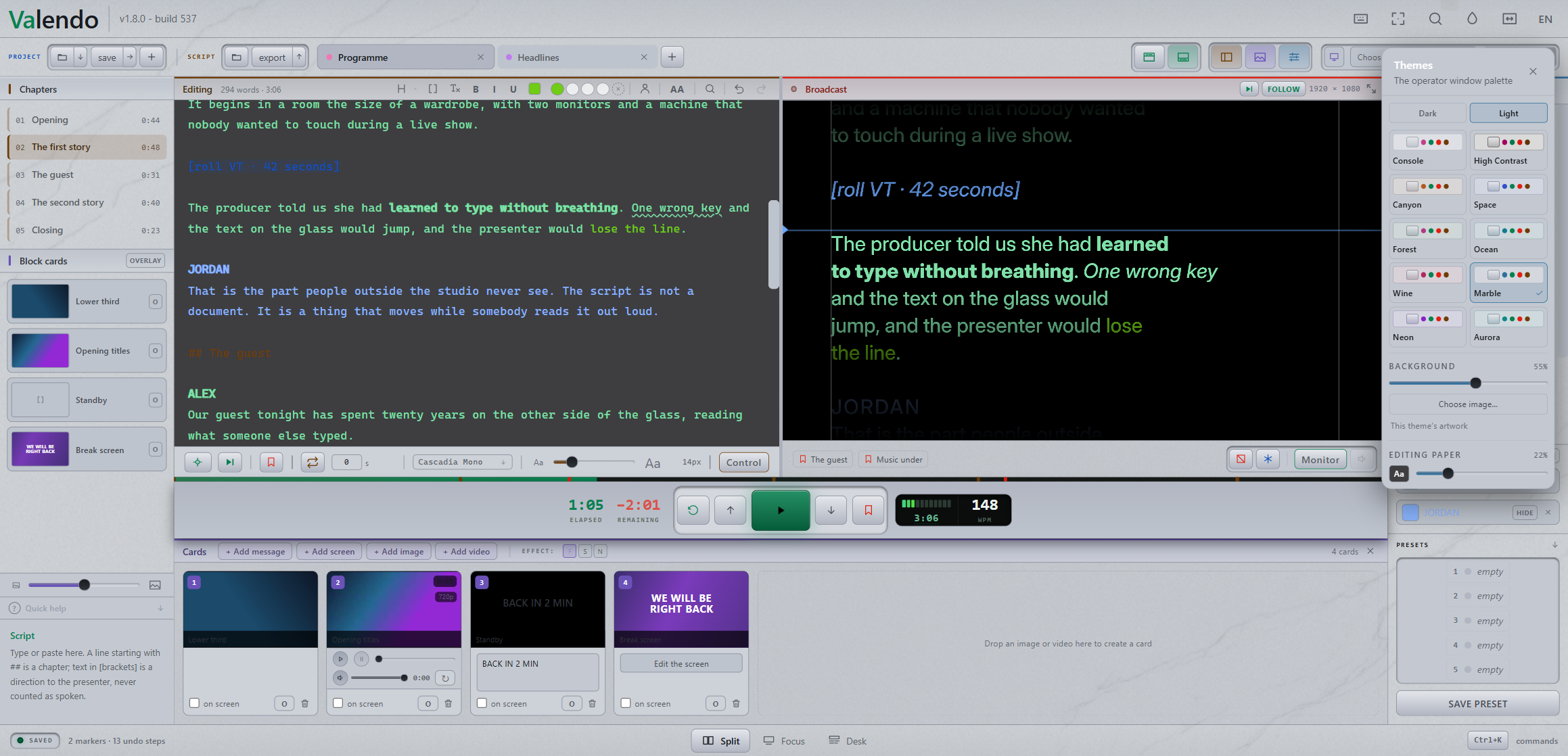 The app in a light theme, with the editing paper kept dark