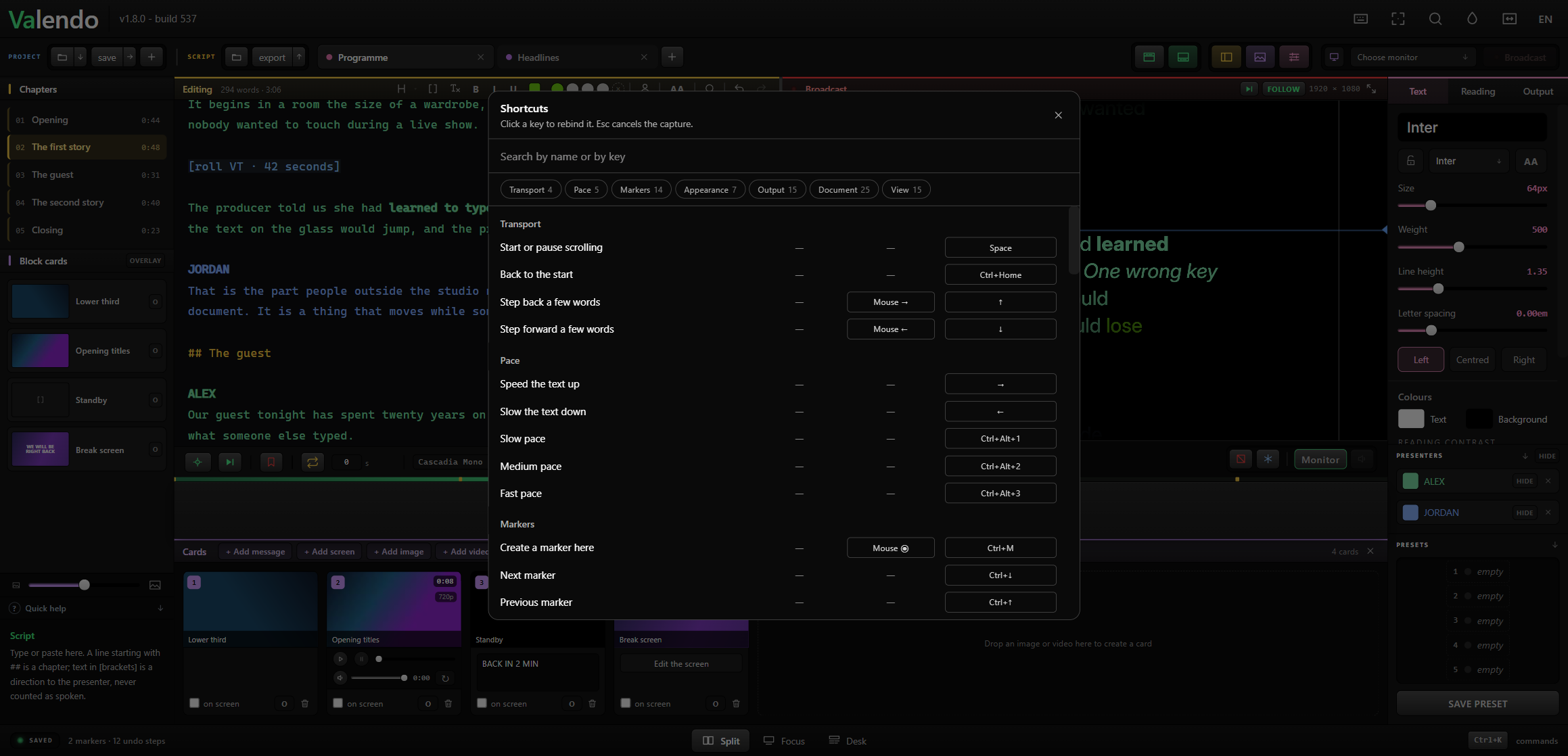 The shortcut list with keyboard, mouse and MIDI columns