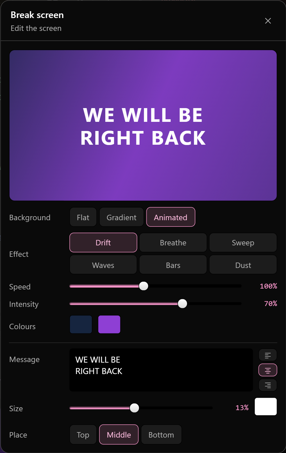 The screen editor: a live preview above the controls that change it