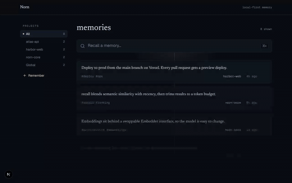 The Norn dashboard: browse memories by project, search them live, and forget any one with a moment to undo