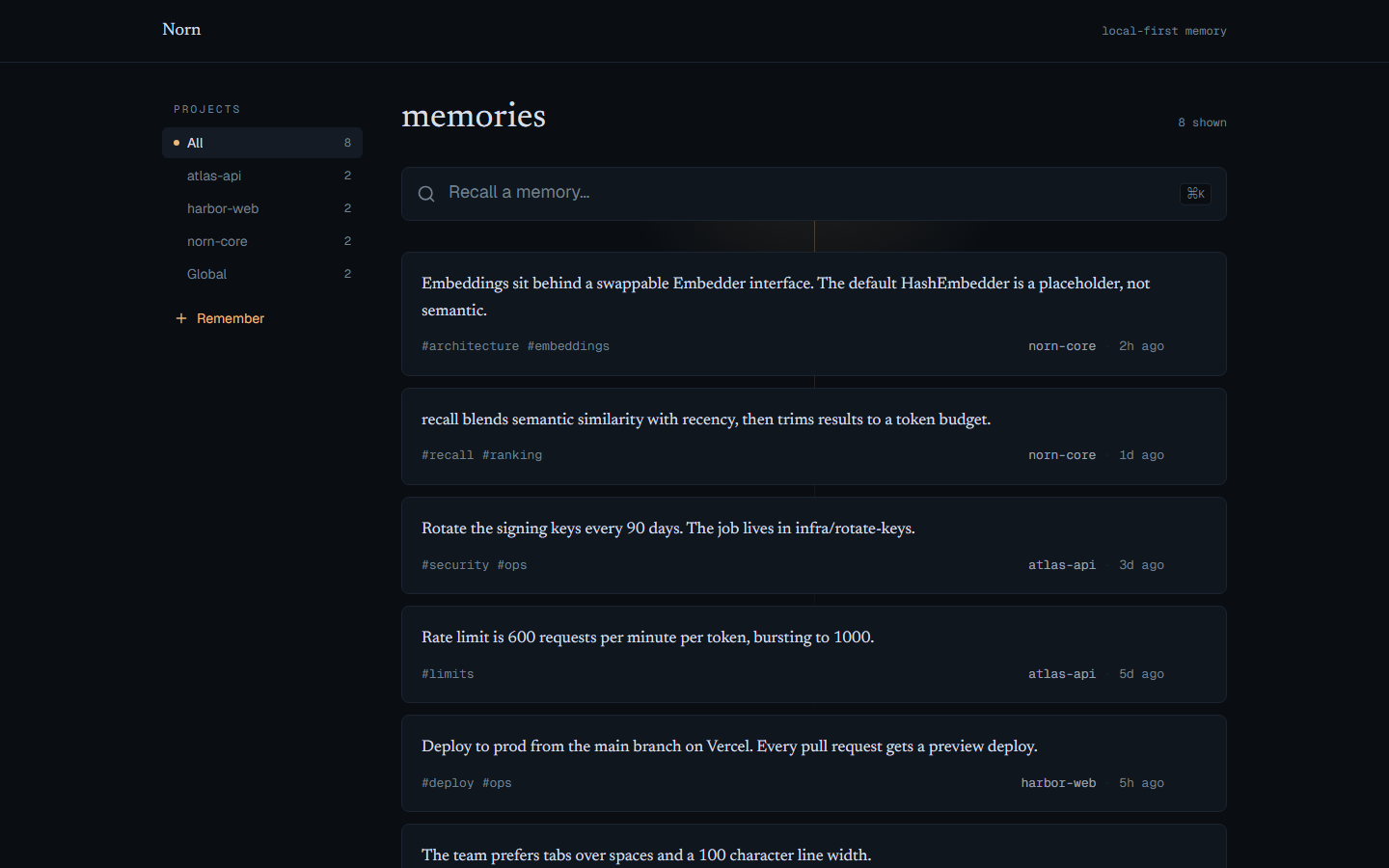 The Norn dashboard: browse by project, search, and forget your memories