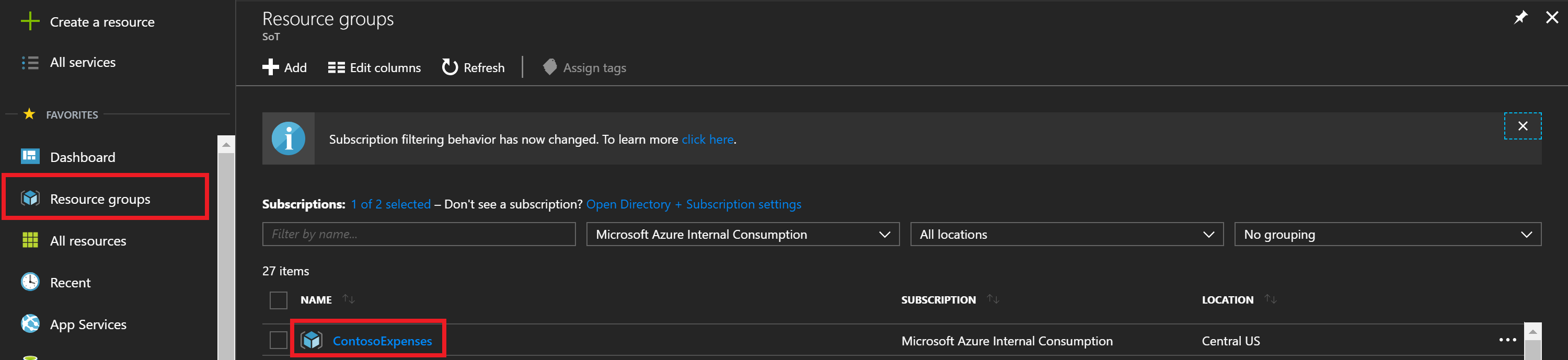 Azure Portal Resource Groups