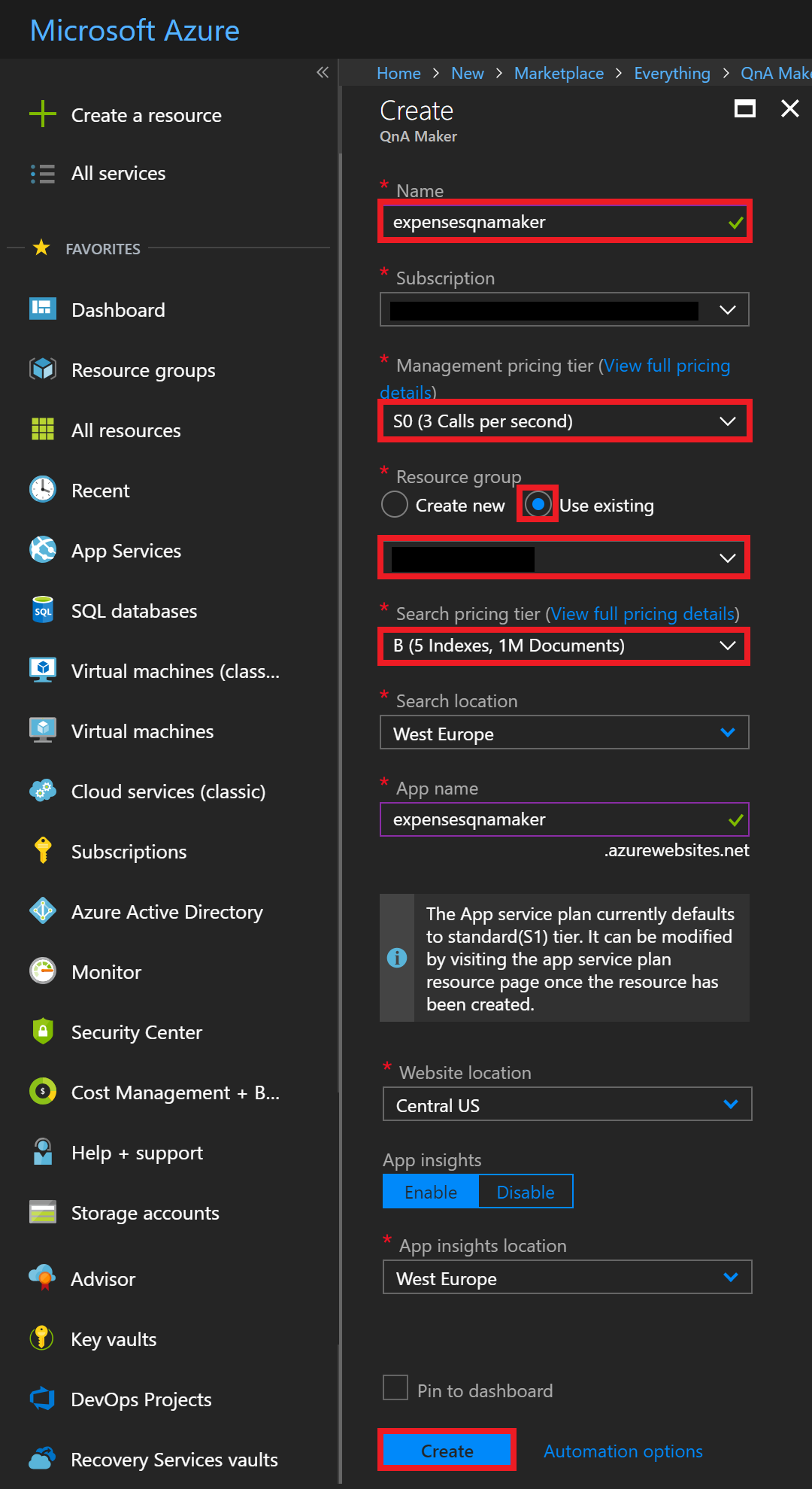 Azure Portal Create QnAMaker Cog Service