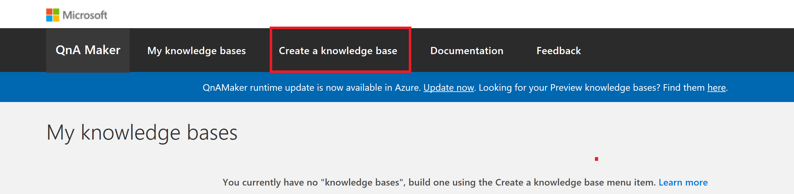 Azure Portal Create knowledgebase