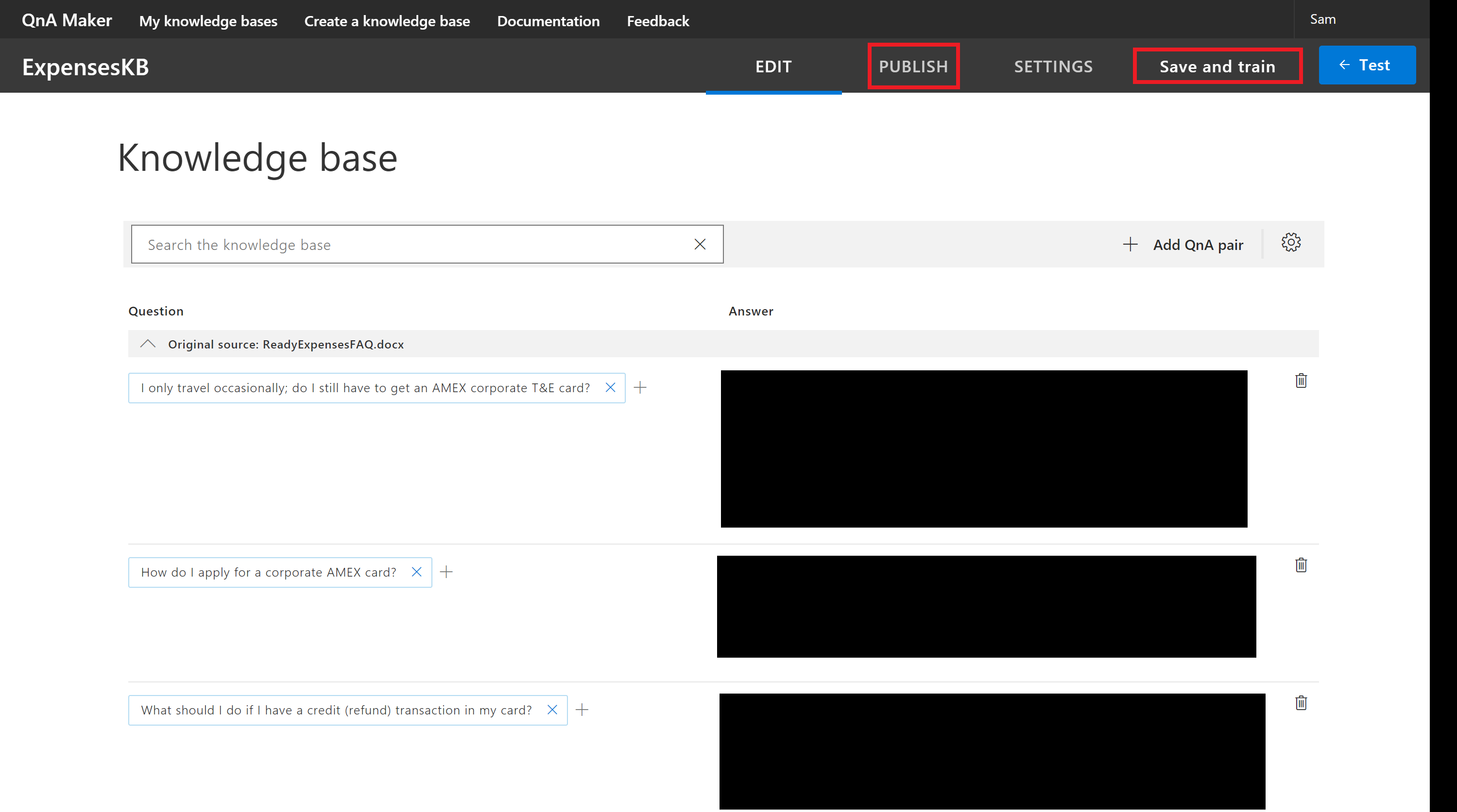 Azure QnAMaker Train and Publish