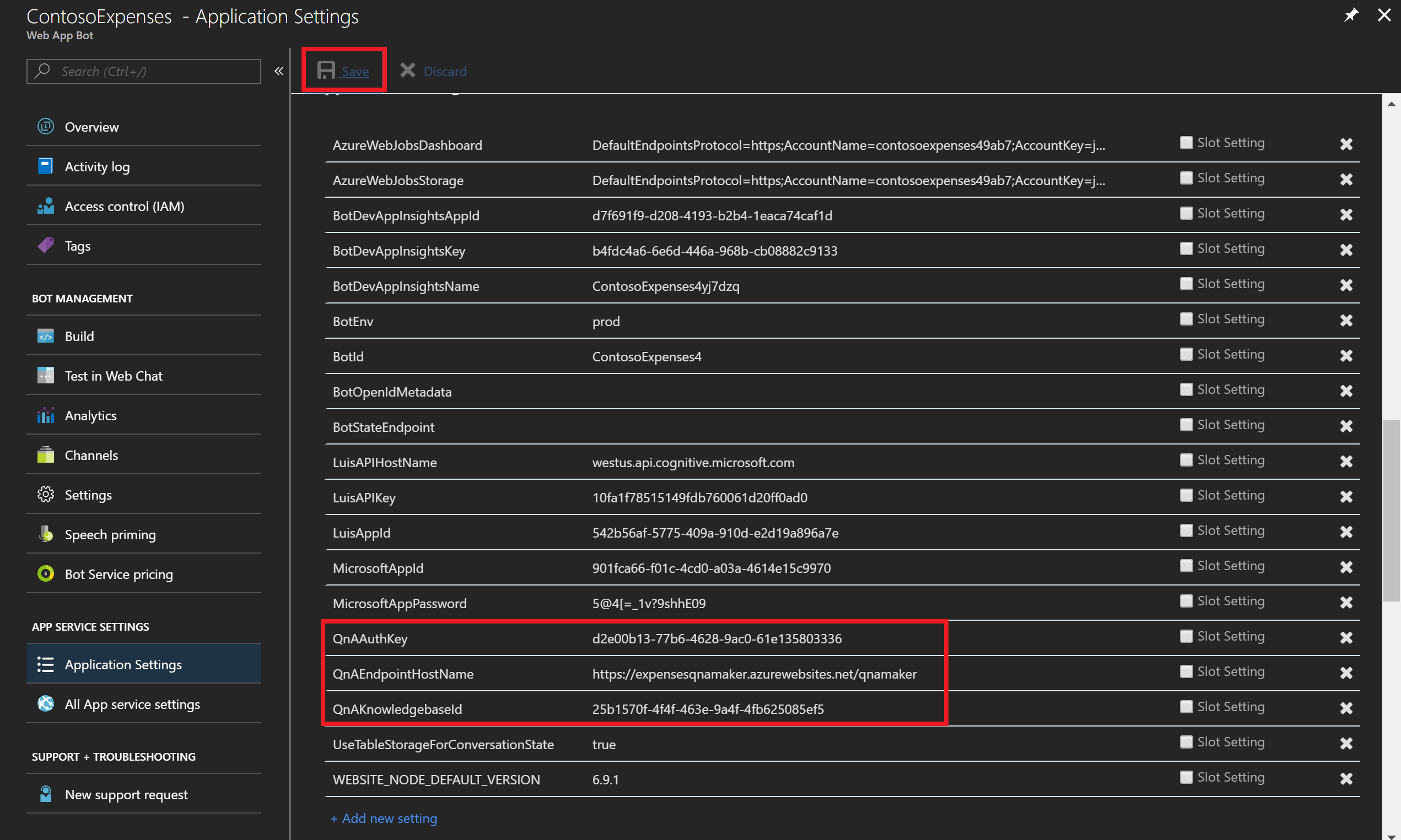 App Service Application Settings Save