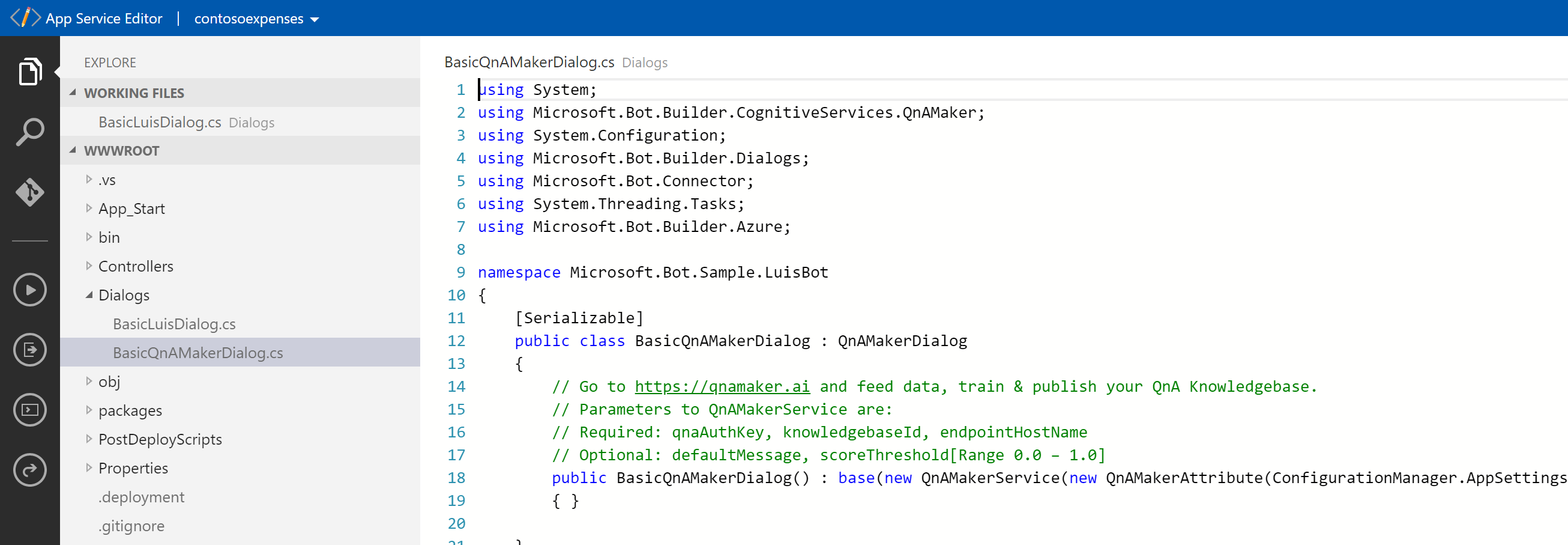 View of BasicQnAMakerDialog.cs file in App Service Editor