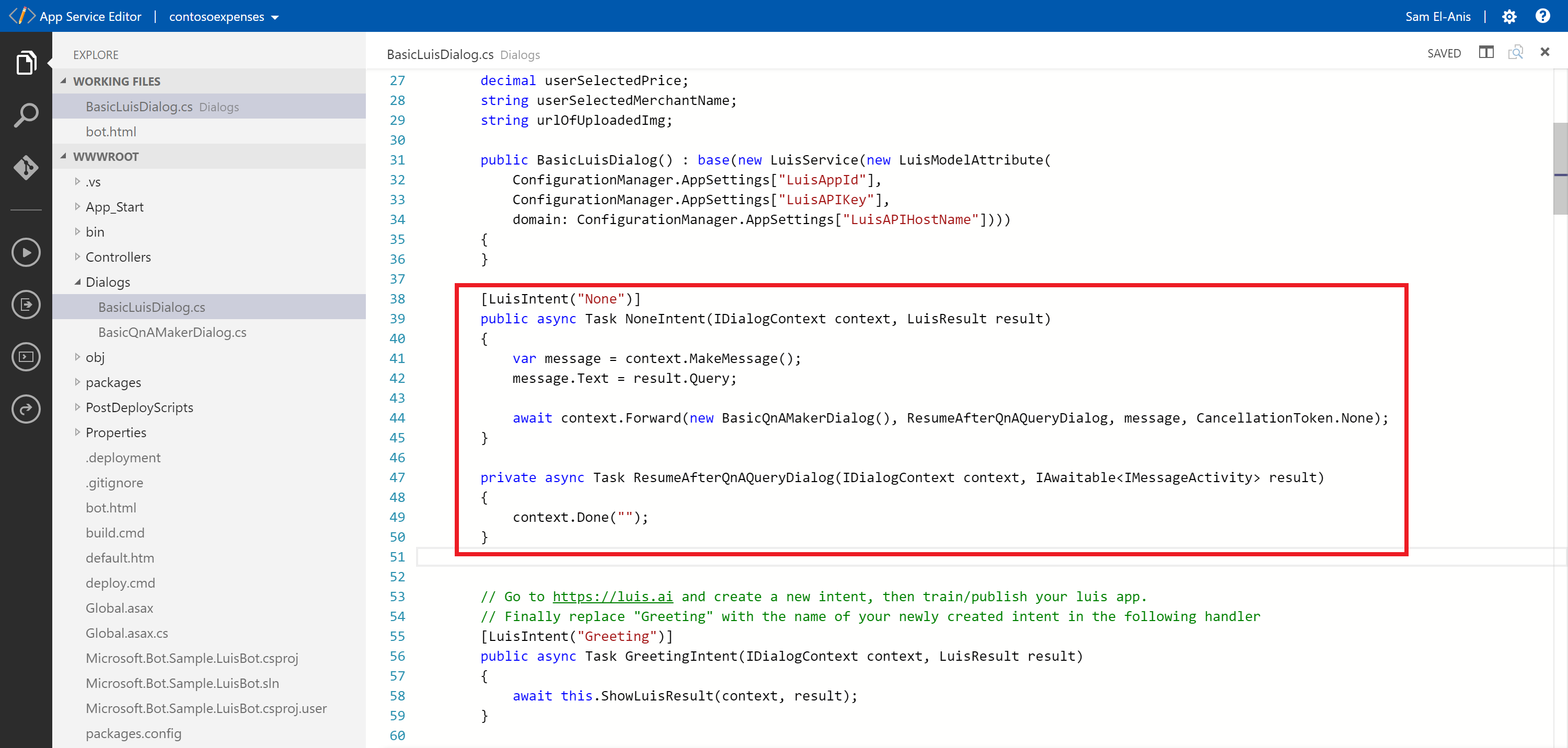 Configuring None Intent to route to QnAMaker