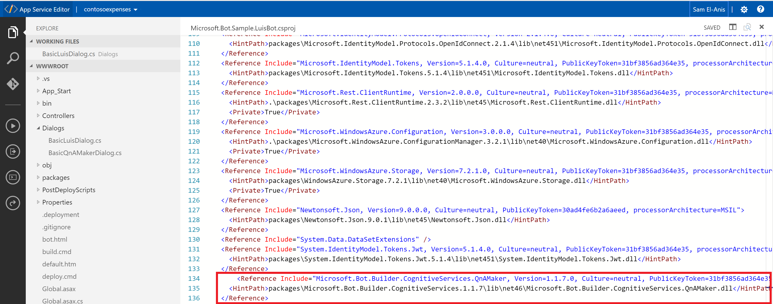 View of Microsoft.Bot.Sample.Luis.csproj file after amendments