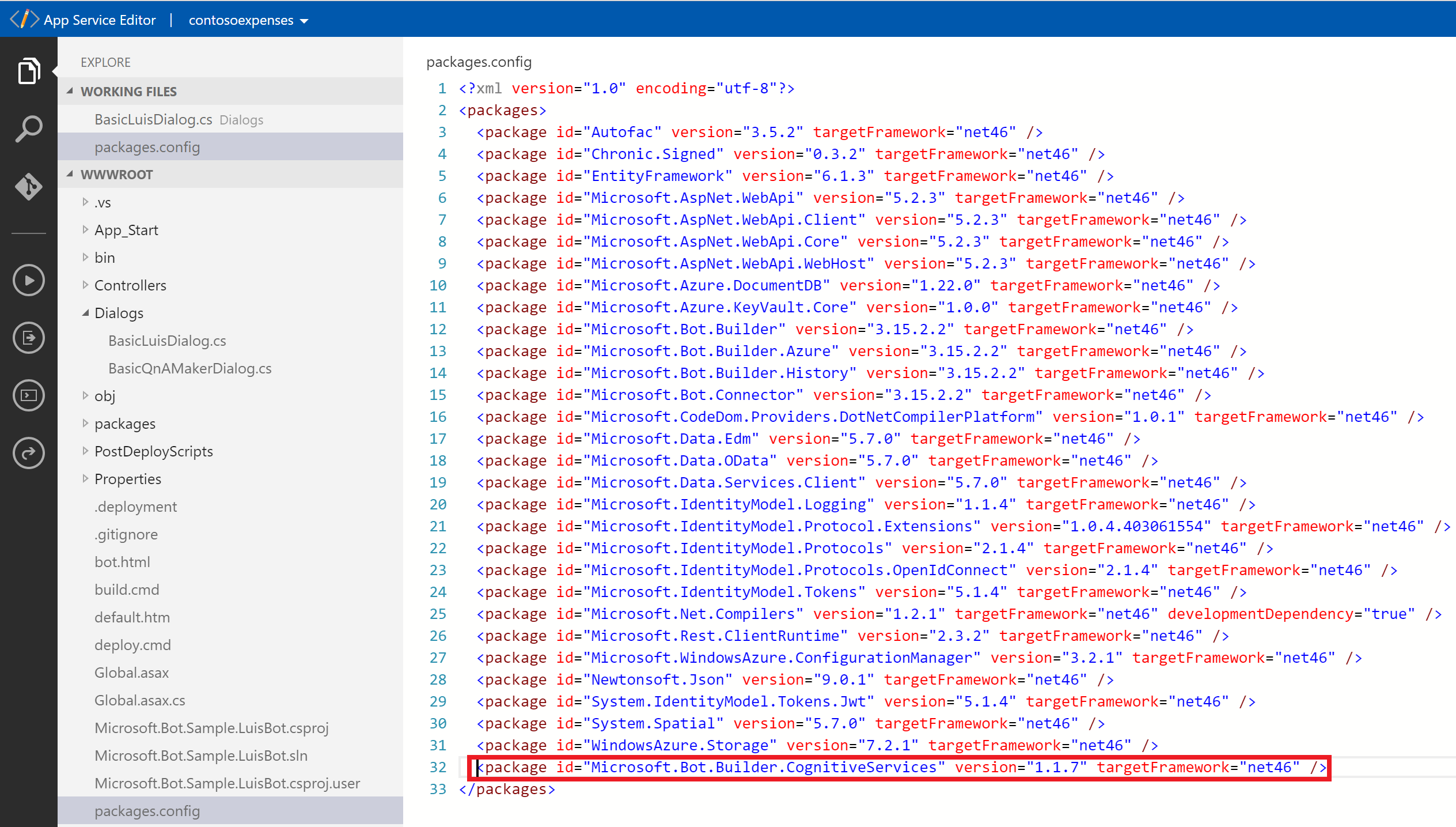 View of Packages.config file after amendments