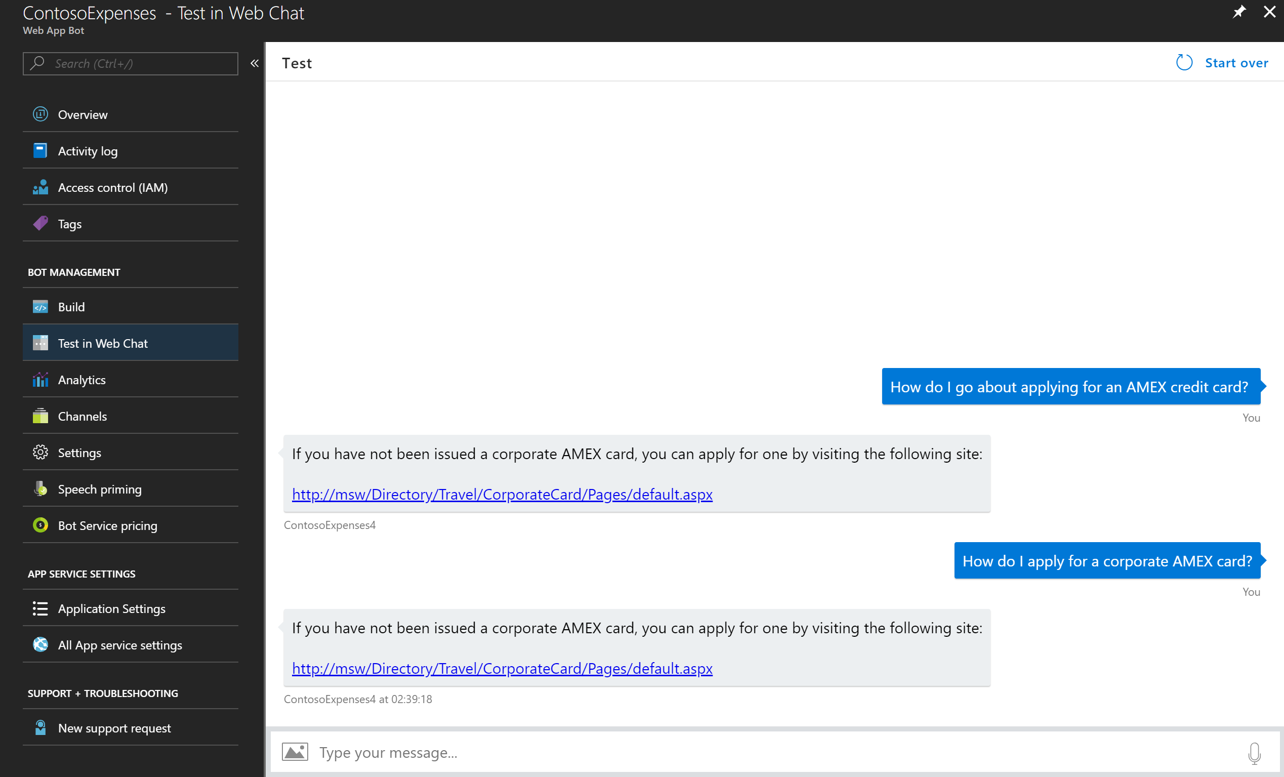 Azure Portal Test Bot for QnAMaker