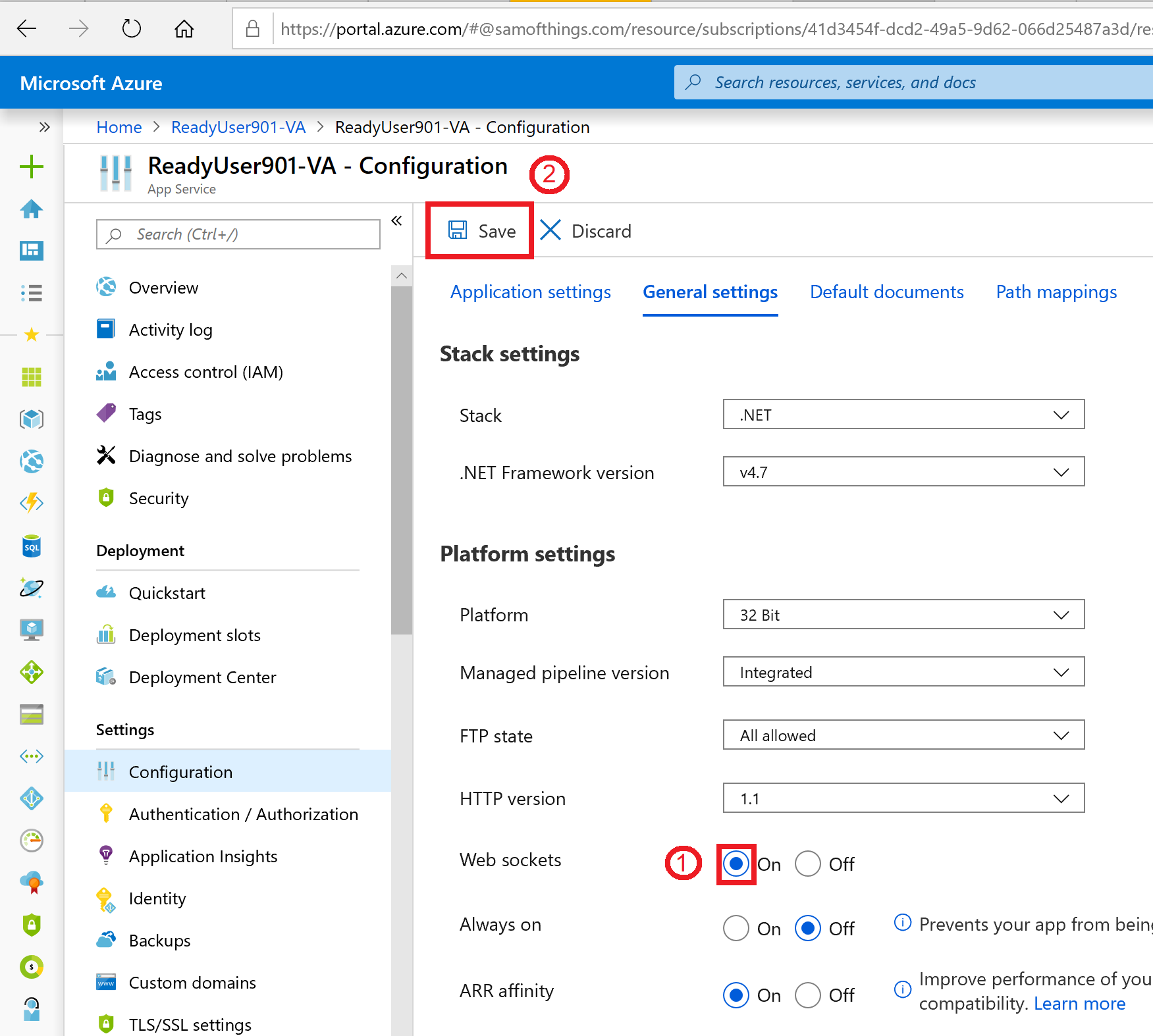 Azure Portal - App Service Configuration Page