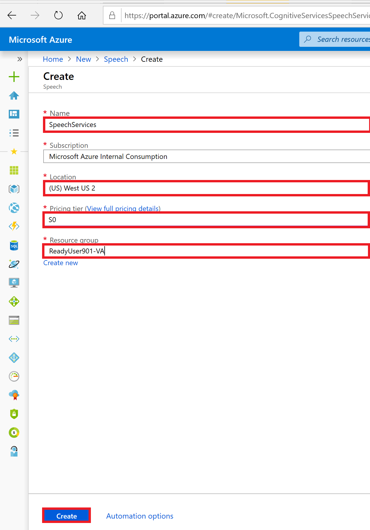 Azure Portal - Deploy Speech Services