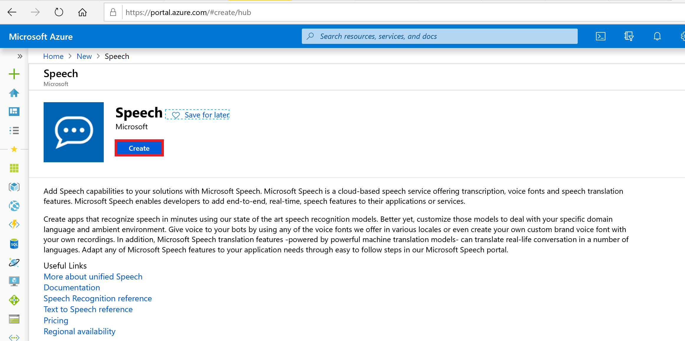 Azure Portal - Create Speech Services