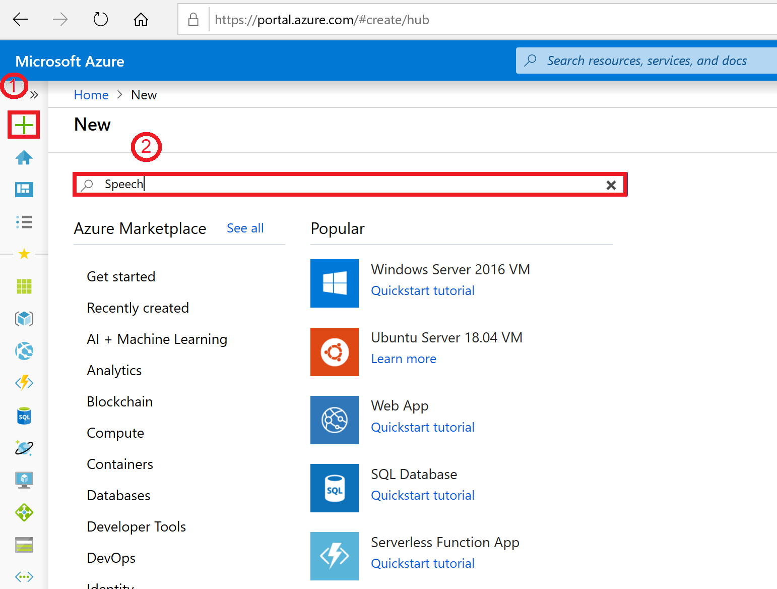 Azure Portal - Create Resource and search for Speech