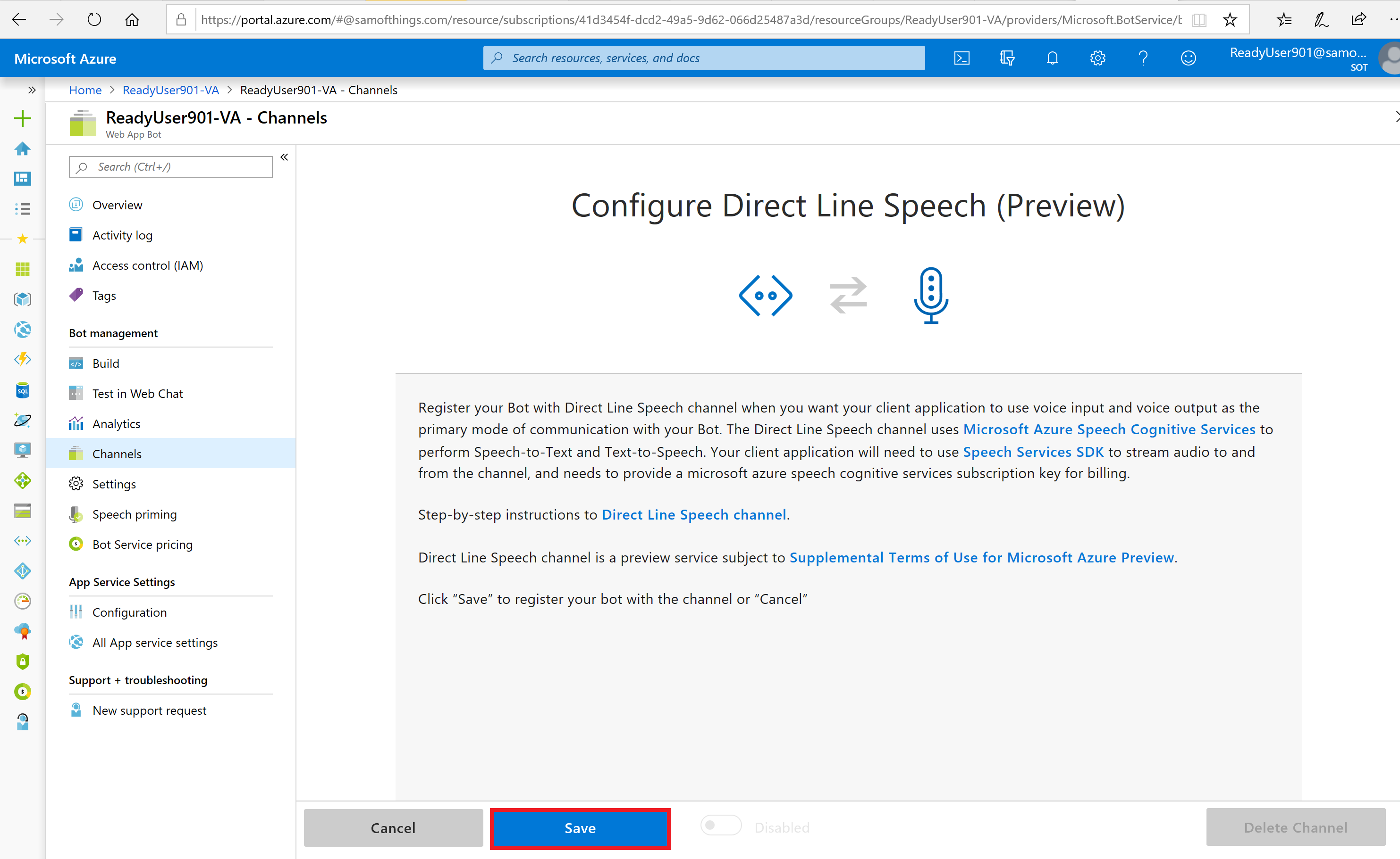 Azure Portal - Enablement of the Direct Line Speech Channel - Save