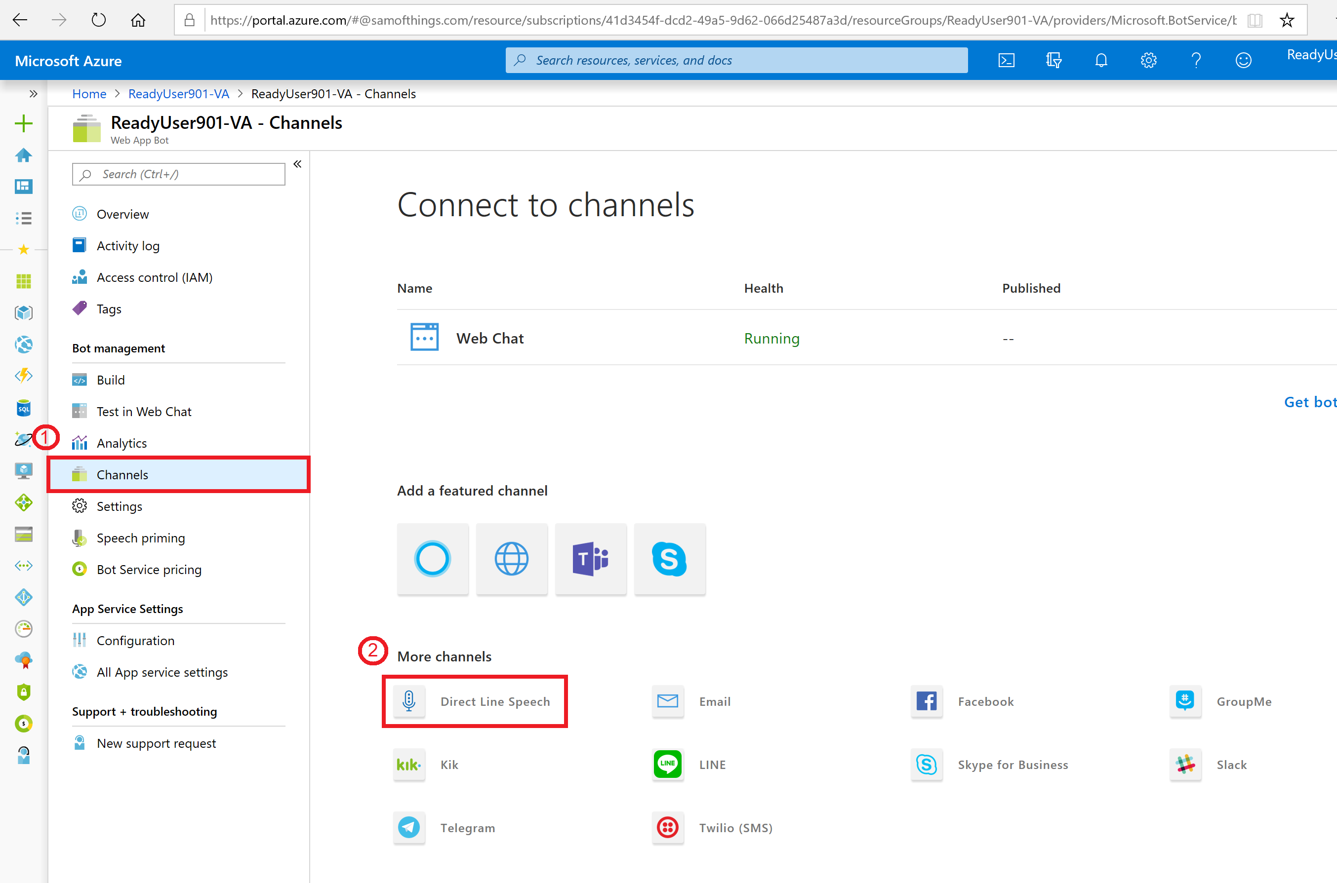 Azure Portal - Enablement of the Direct Line Speech Channel