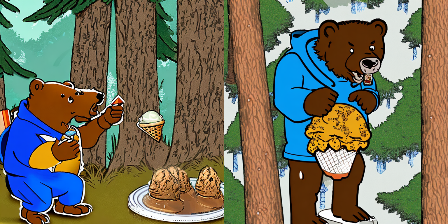 Joe Bruin eating ice cream in the woods