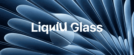 A glass lens sweeping across live "Liquid Glass" text and the wallpaper, bending them with chromatic dispersion at the rim