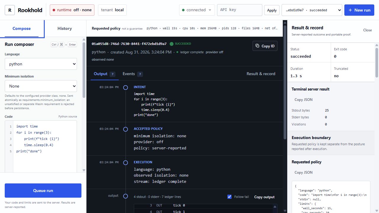Rookhold's Chalk-and-Carbon execution desk showing the docked composer, chronological transcript, and contextual result record