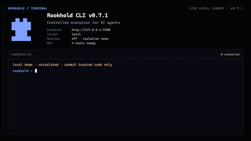 Rookhold CLI authenticating, listing the live MCP tools, and running Python to a bounded result