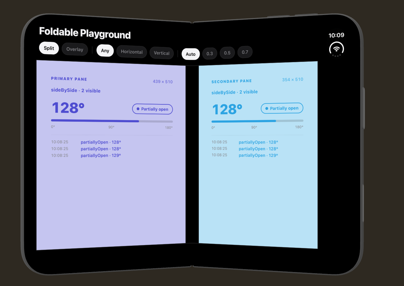 Example app on the iPhone Duo simulator, half open at 128°: primary and secondary panes side by side around the hinge