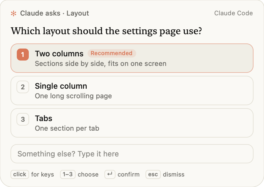 A question from Claude shown as a card at the Mac notch, with three numbered options and a text box